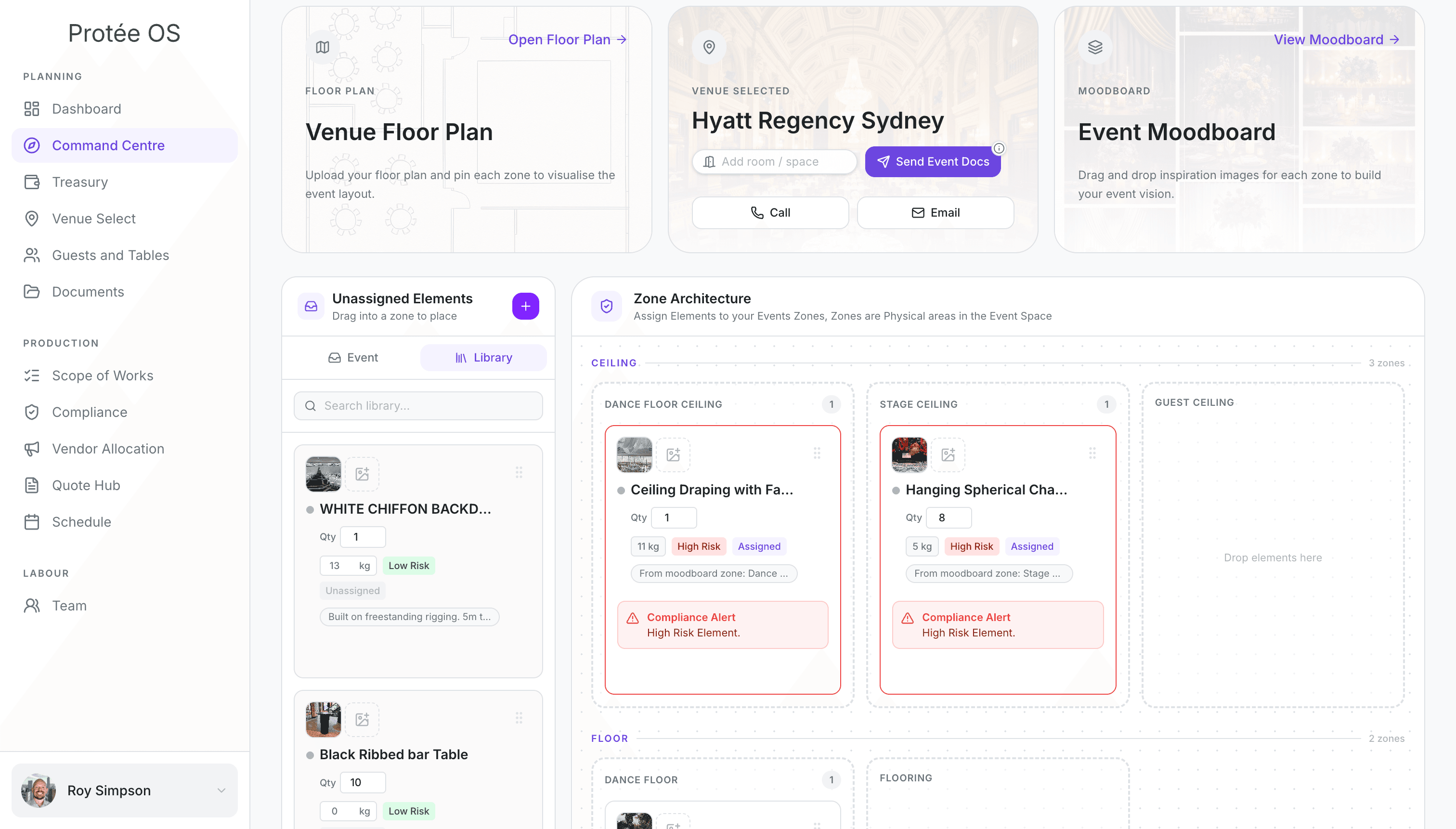 Protée OS Command Centre — floor plan, venue and moodboard cards above a zone architecture grid with compliance alerts
