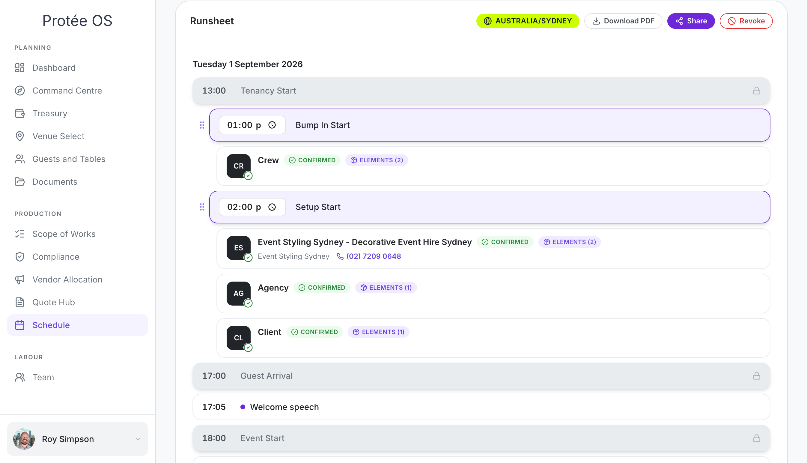 Protée OS runsheet showing a timed event schedule with locked venue milestones, draggable bump-in and setup times, and confirmed crew, vendor, agency and client assignments