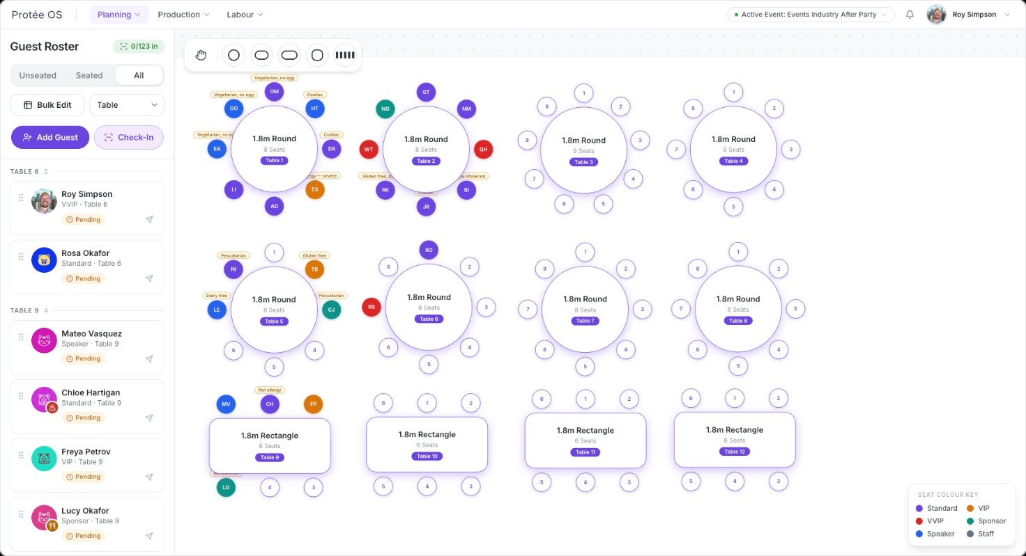 Protée OS seating chart builder showing a guest roster alongside a canvas of round and rectangular tables with guests assigned to seats and colour-coded by guest type